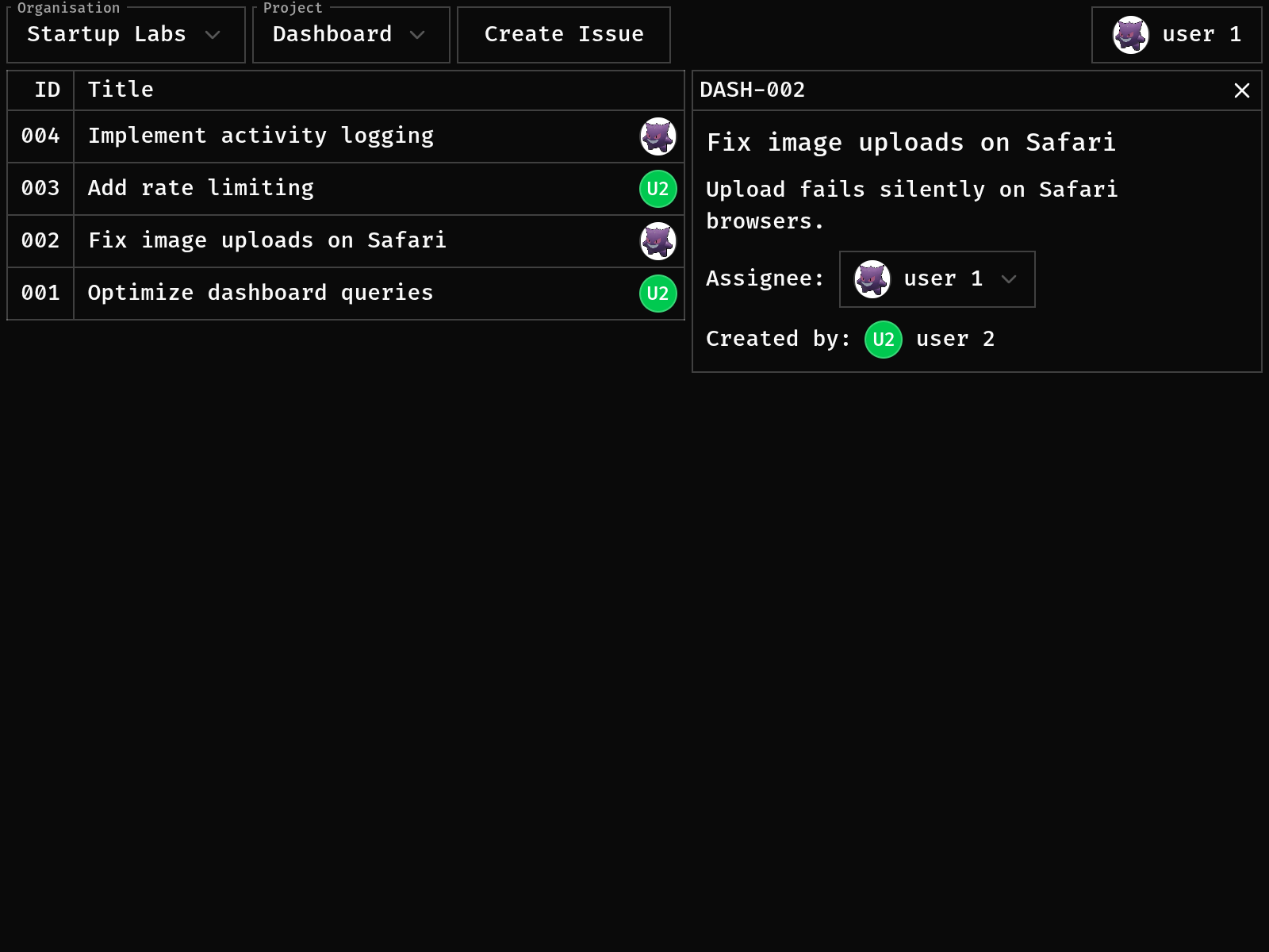 Main interface - issues list and detail pane